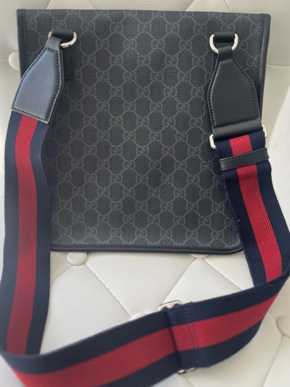 Gucci Gray GG Supreme Messenger Bag with Navy & Red Strap